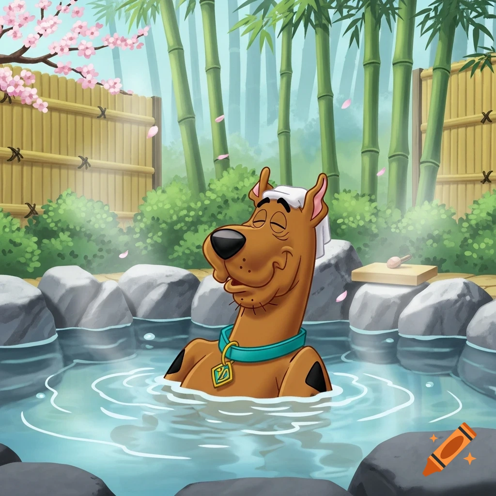 Scooby-Doo relaxing happily chest deep in a hot springs onsen bath, surrounded by bamboo and cherry blossoms, in a cartoon style.