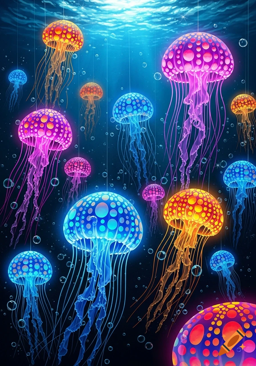 Vibrant, glowing jellyfish with polka-dot patterns in various colors float in a deep blue underwater scene with bubbles and light from above.