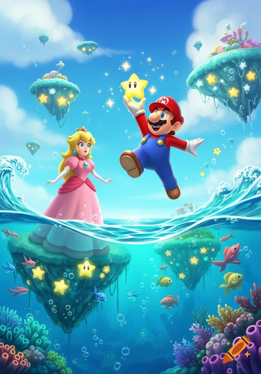 Mario jumps holding a star, Princess Peach stands in a colorful, stylized sealand with floating islands, underwater coral, and fish.