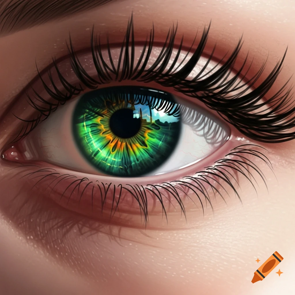 Photorealistic close-up of a human eye with a vibrant green and orange iris, long dark eyelashes, and landscape reflection.