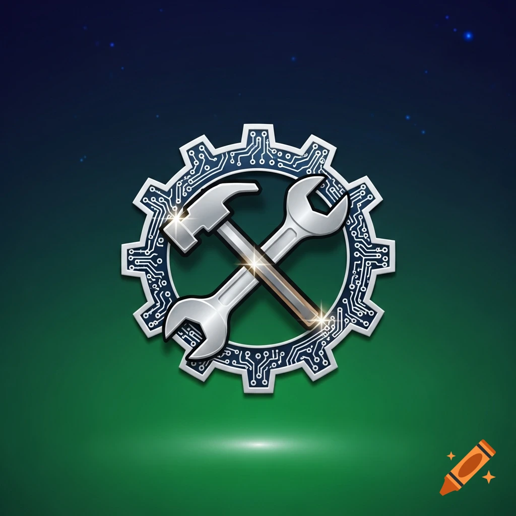 Silver hammer and wrench crossed over a gear with a circuit board pattern on a gradient background.