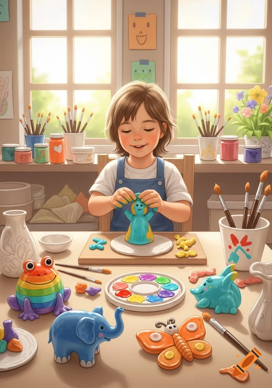 A smiling child intently sculpts a blue and yellow ceramic figure at a table filled with colorful paints, brushes, and other animal-shaped ceramic crafts.