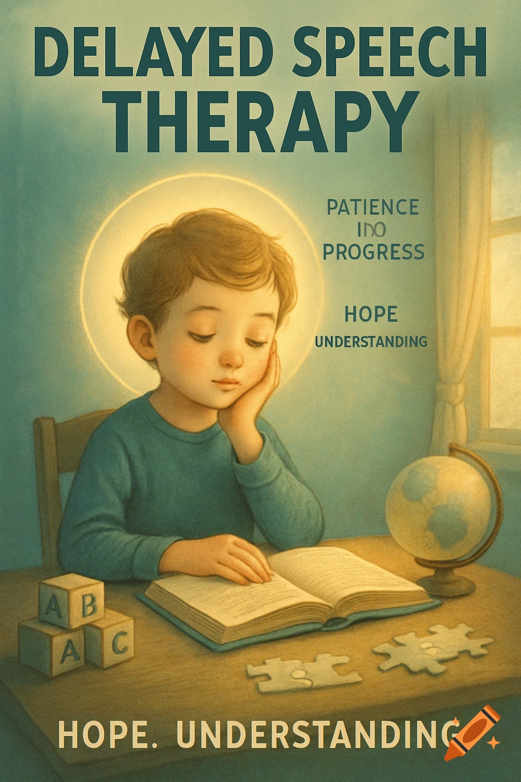 An illustration of a young boy with a halo-like glow around his head, reading a book at a desk with ABC blocks and puzzle pieces. Text reads 'DELAYED SPEECH THERAPY'