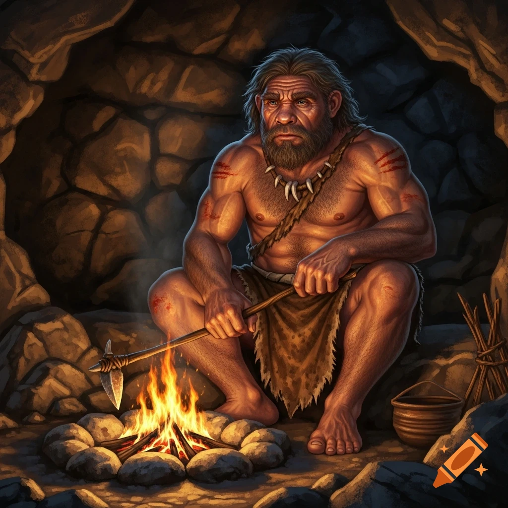 A detailed illustration of a rugged Neanderthal caveman with a beard, in a loincloth, sitting by a campfire in a dark cave.