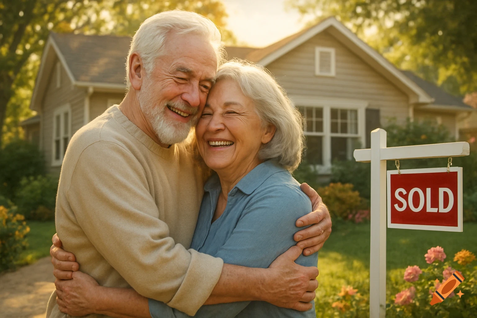 Photorealistic image of a happy elderly couple hugging in front of their newly sold home.