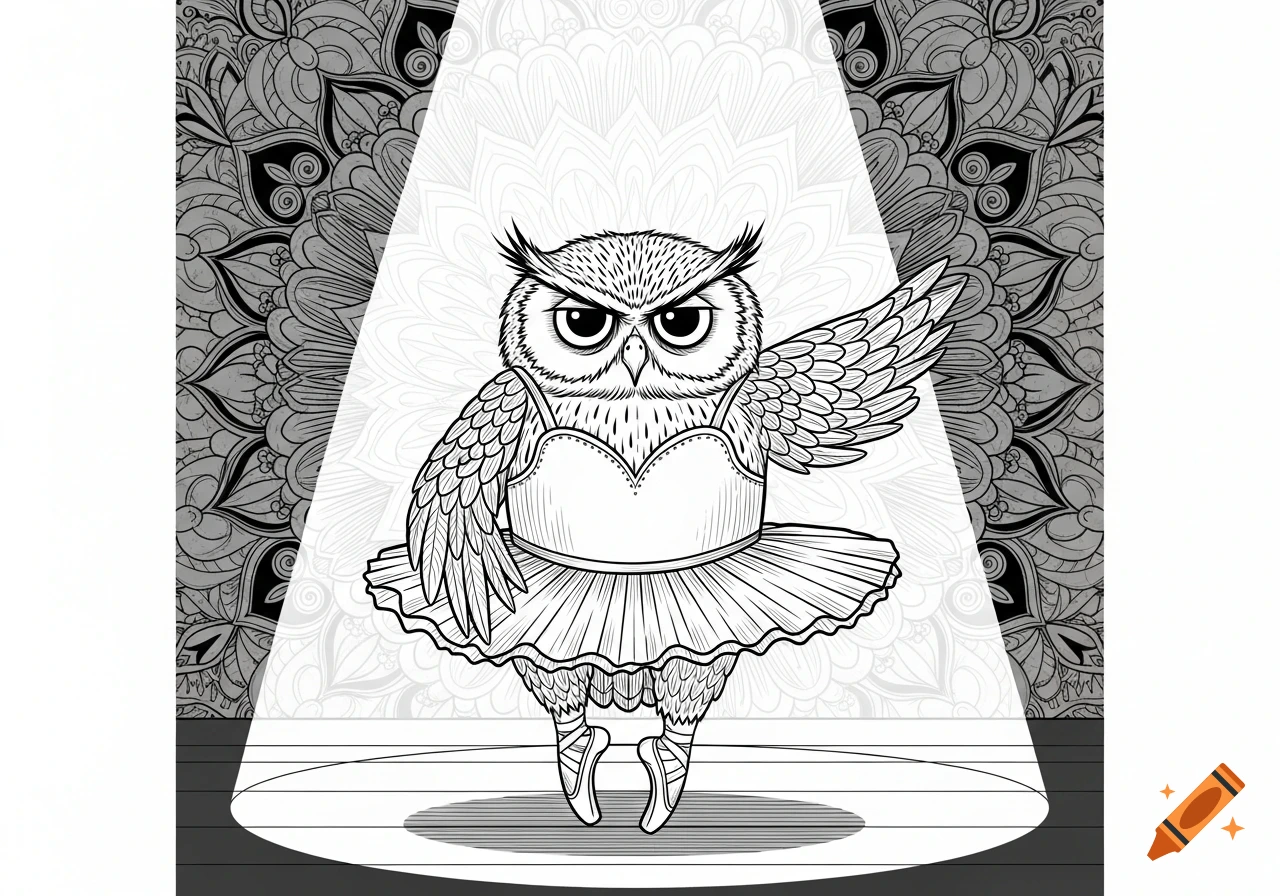Grumpy owl in a ballet tutu and pointe shoes on a stage under a spotlight, with an ornate floral mandala background, in black and white line art.