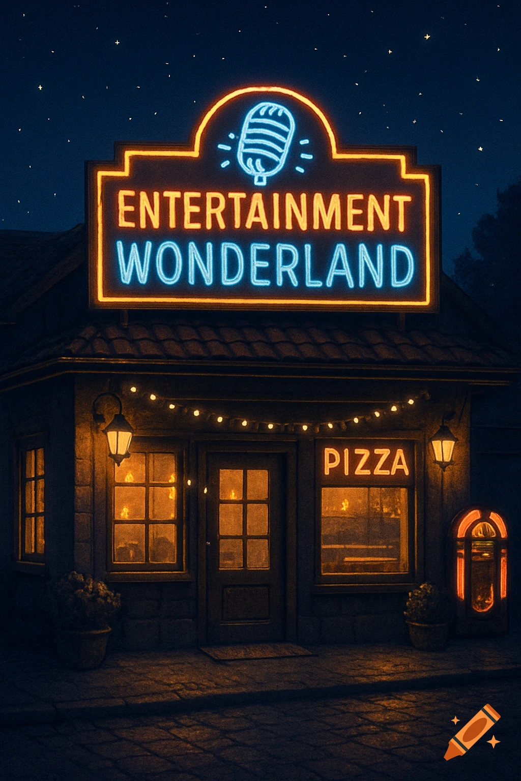 A dark night scene of a retro-style building with a large neon sign reading "Entertainment Wonderland" and a microphone logo, with a smaller "PIZZA" neon sign in a window.