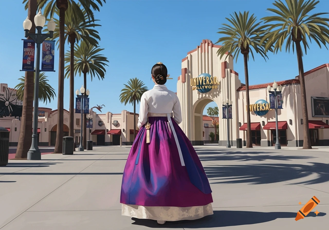 A woman in a white jacket and purple hanbok stands facing away, looking at the "Universal Hollywood" archway and palm trees on a sunny day.