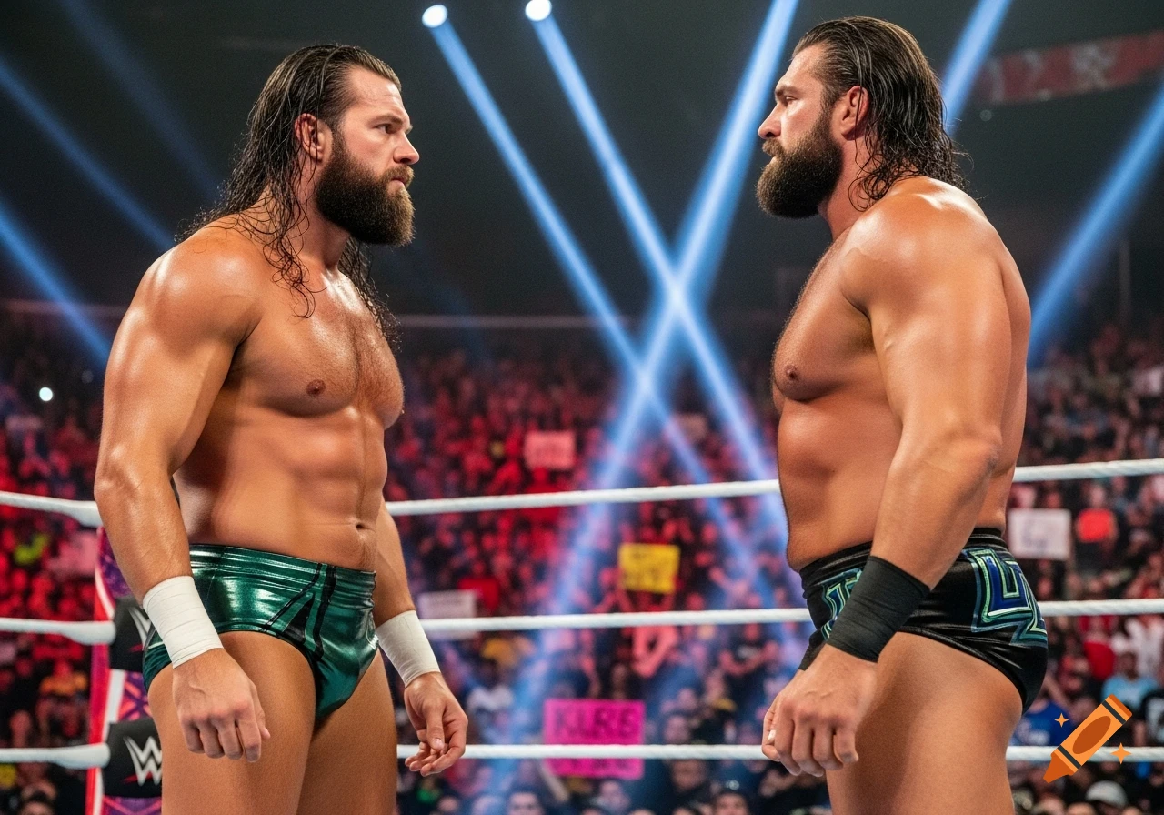 Two muscular male wrestlers with long hair and beards face each other in a ring under bright spotlights, a crowd blurred in the background.