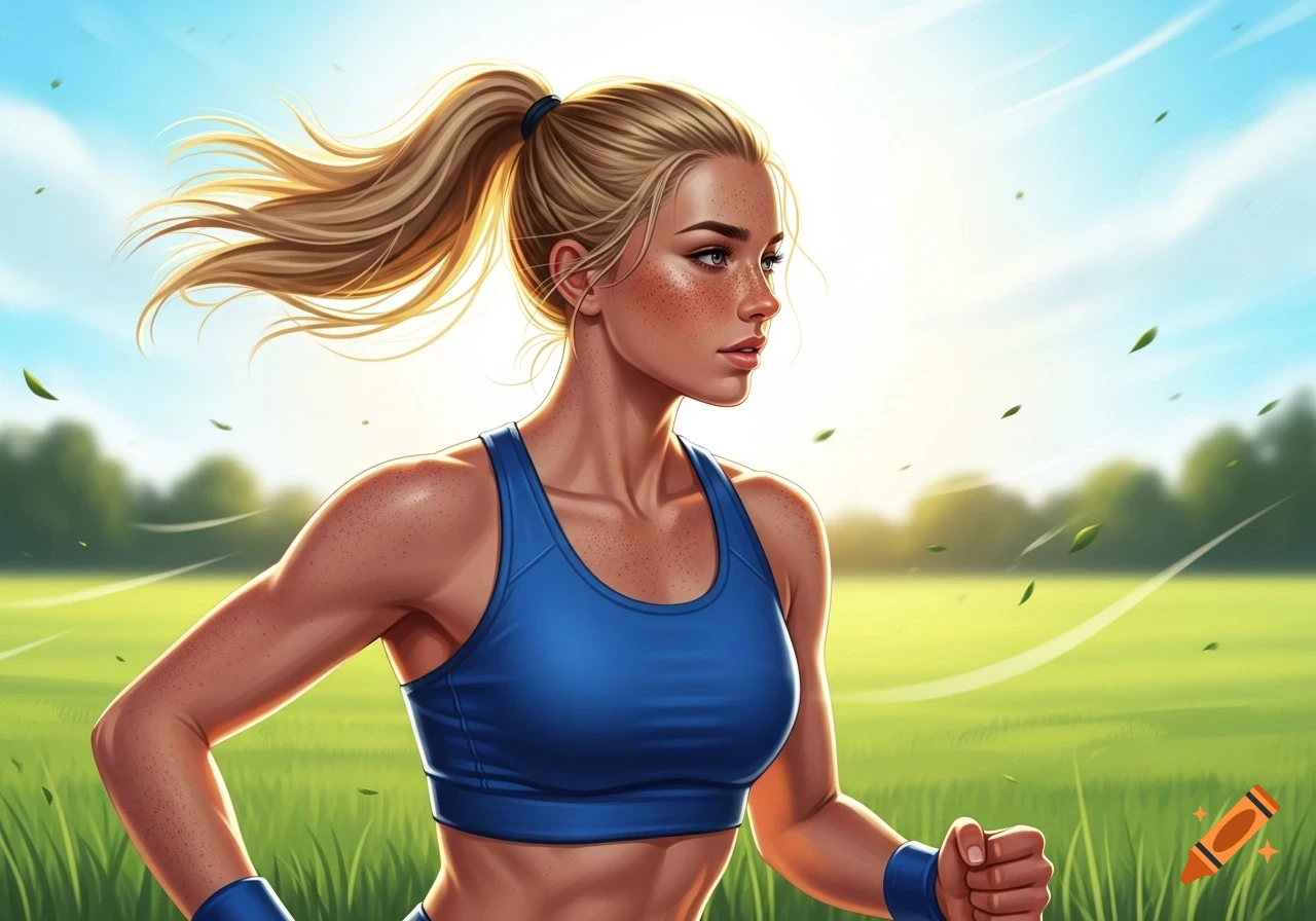 A stylized illustration of a blonde woman with freckles and a ponytail running in a blue sports bra on a sunny grassy field.