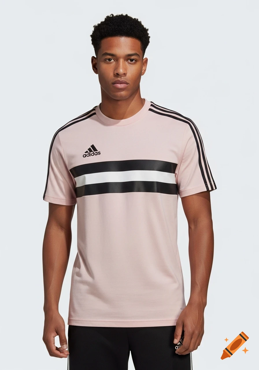 A man models a pink Adidas t-shirt with black and white horizontal stripes across the chest and black stripes on the shoulders.