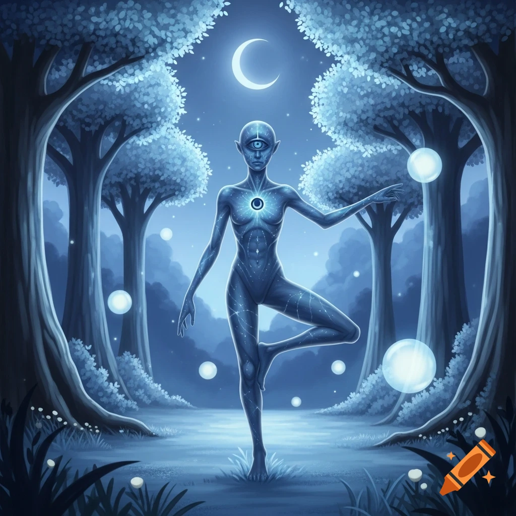 A blue-skinned, three-eyed humanoid figure stands in a magical, glowing forest under a crescent moon, surrounded by luminous orbs.