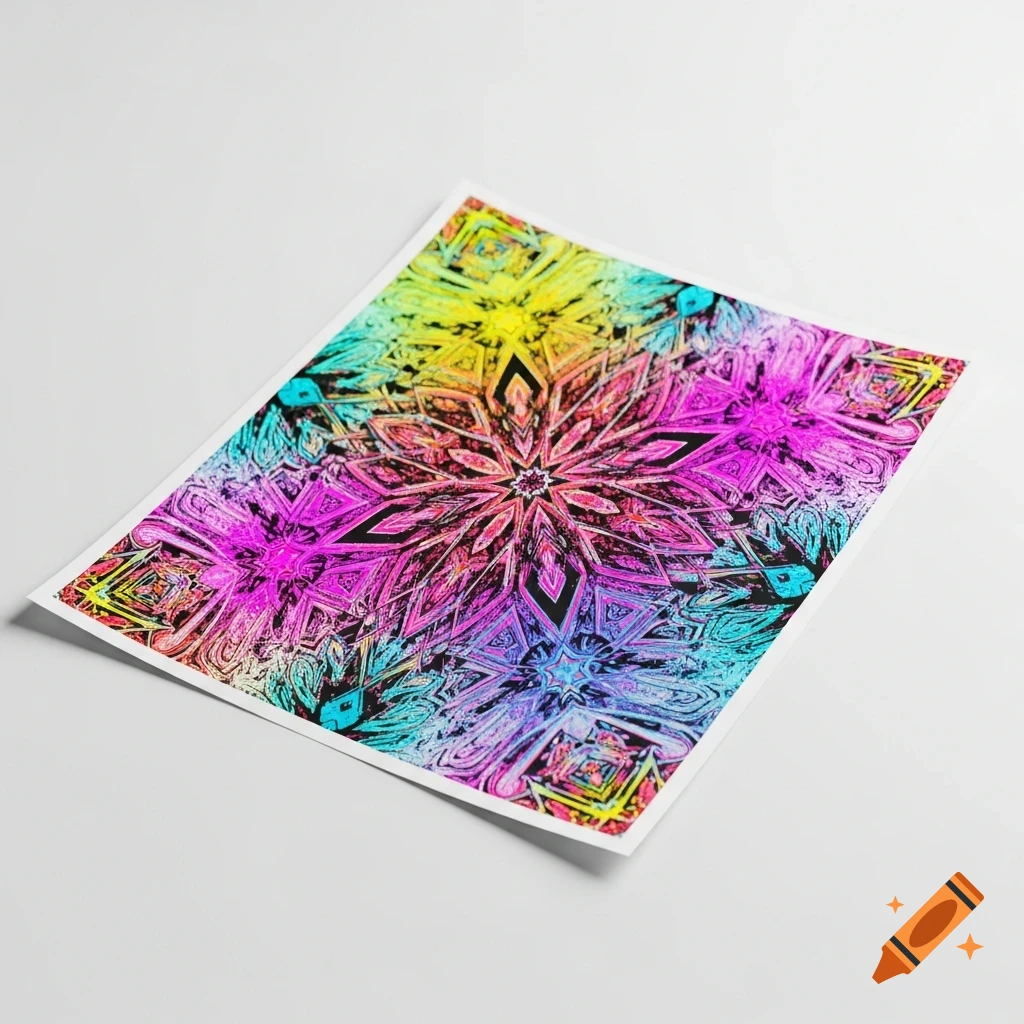 A vibrant, colorful abstract mandala-like pattern printed on a piece of paper, set against a white background.