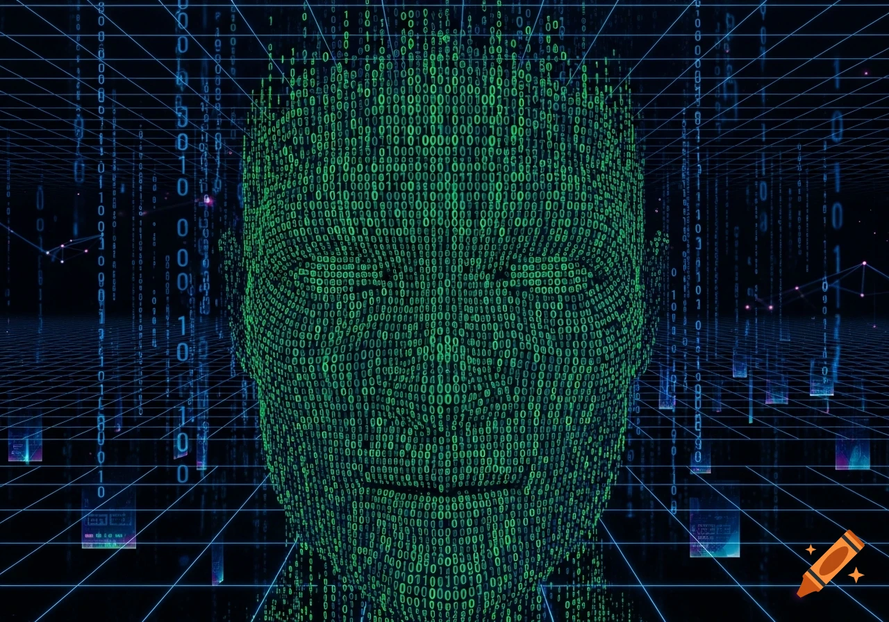 A human face formed by glowing green binary code, set against a dark digital grid background with falling blue binary data.