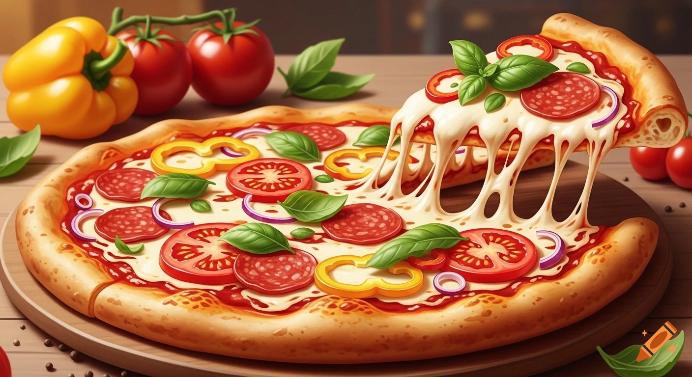 A mouth-watering pizza with a slice lifted, showing melted cheese stretching, topped with pepperoni, tomatoes, onions, basil, and bell peppers.