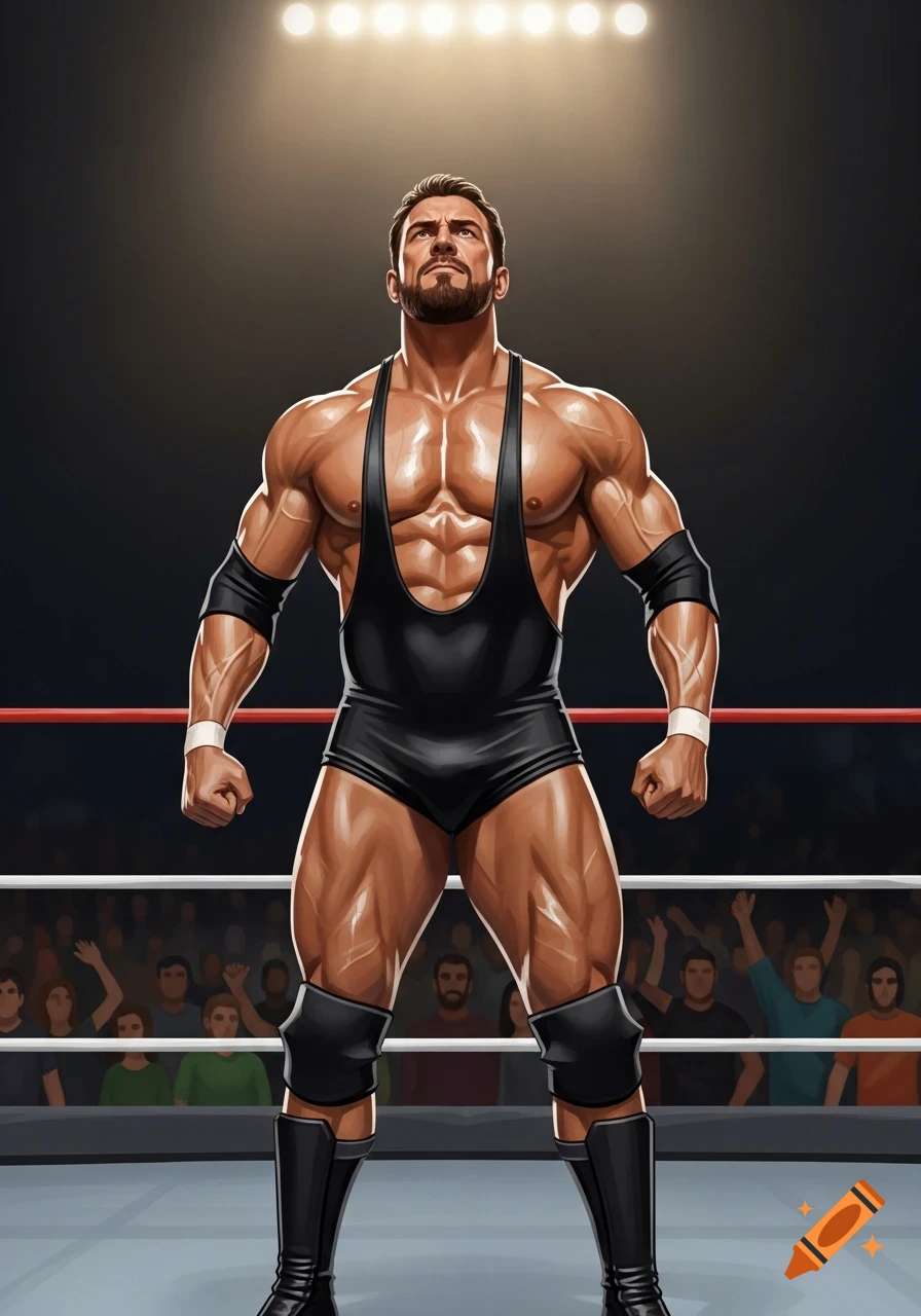 Muscular male wrestler in a black singlet poses confidently in a wrestling ring under bright lights, stylized illustration.