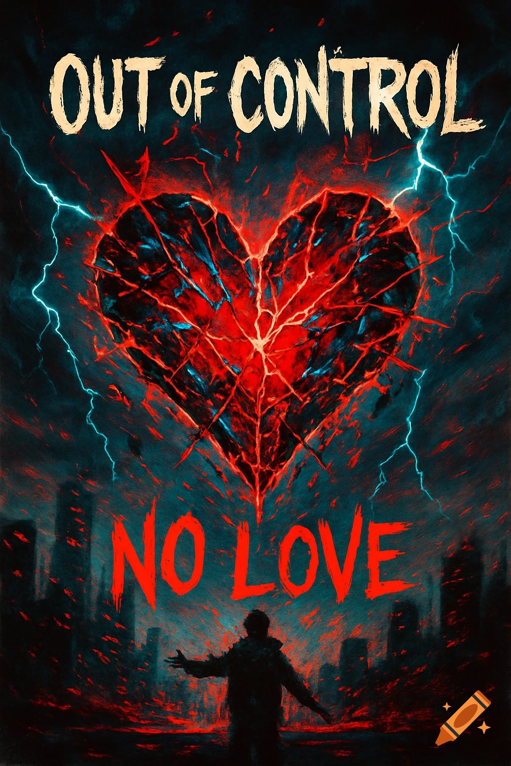 Digital art of a cracked red heart with lightning, 'OUT of CONTROL' and 'NO LOVE' text, over a silhouetted figure and dark cityscape.