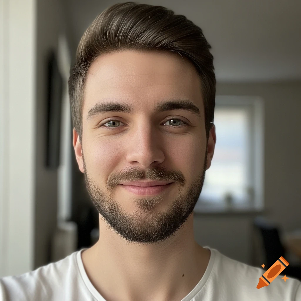 Smiling young man with brown hair and beard in a white t-shirt, looking at the viewer in a well-lit close-up portrait.