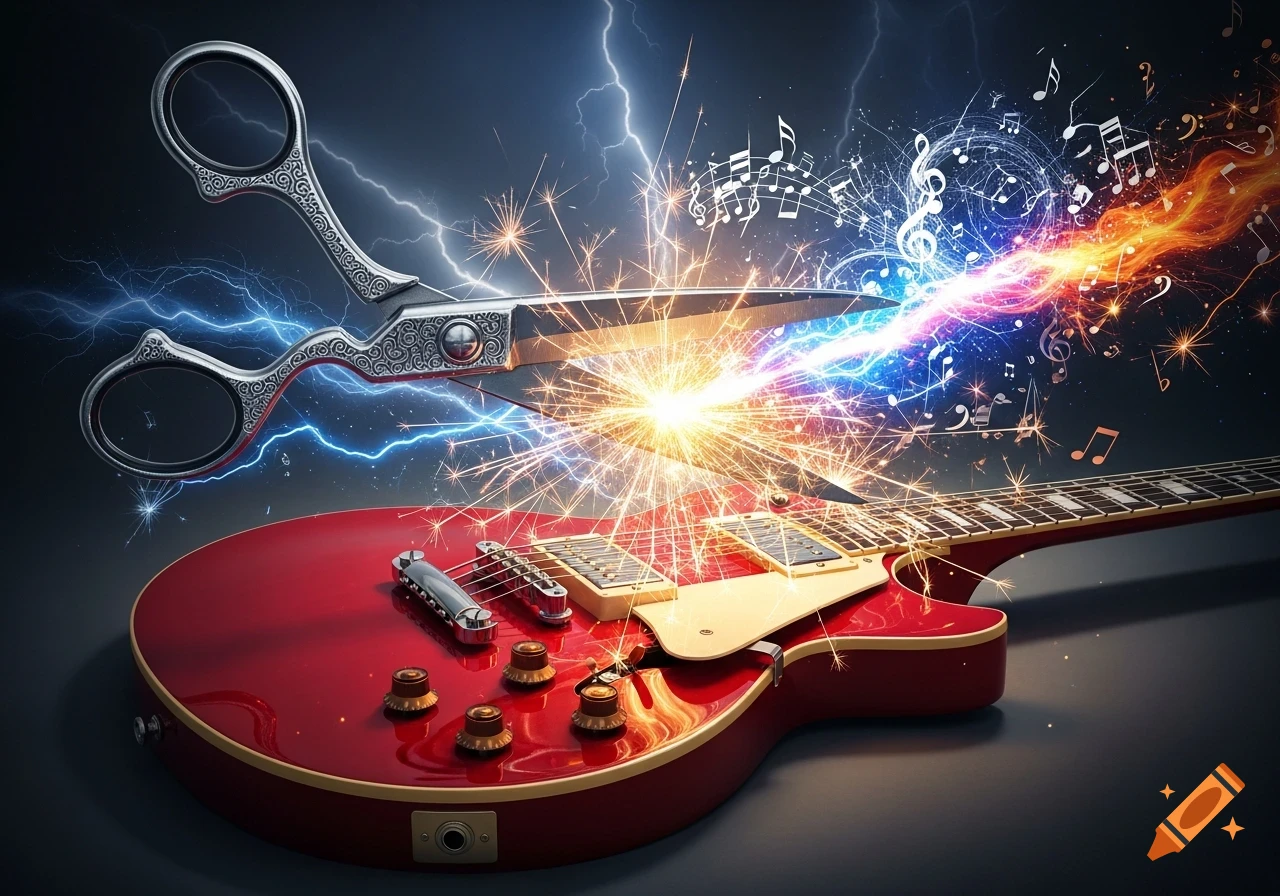 Ornate scissors cut an electric guitar, generating sparks and a stream of colorful musical notes and lightning.