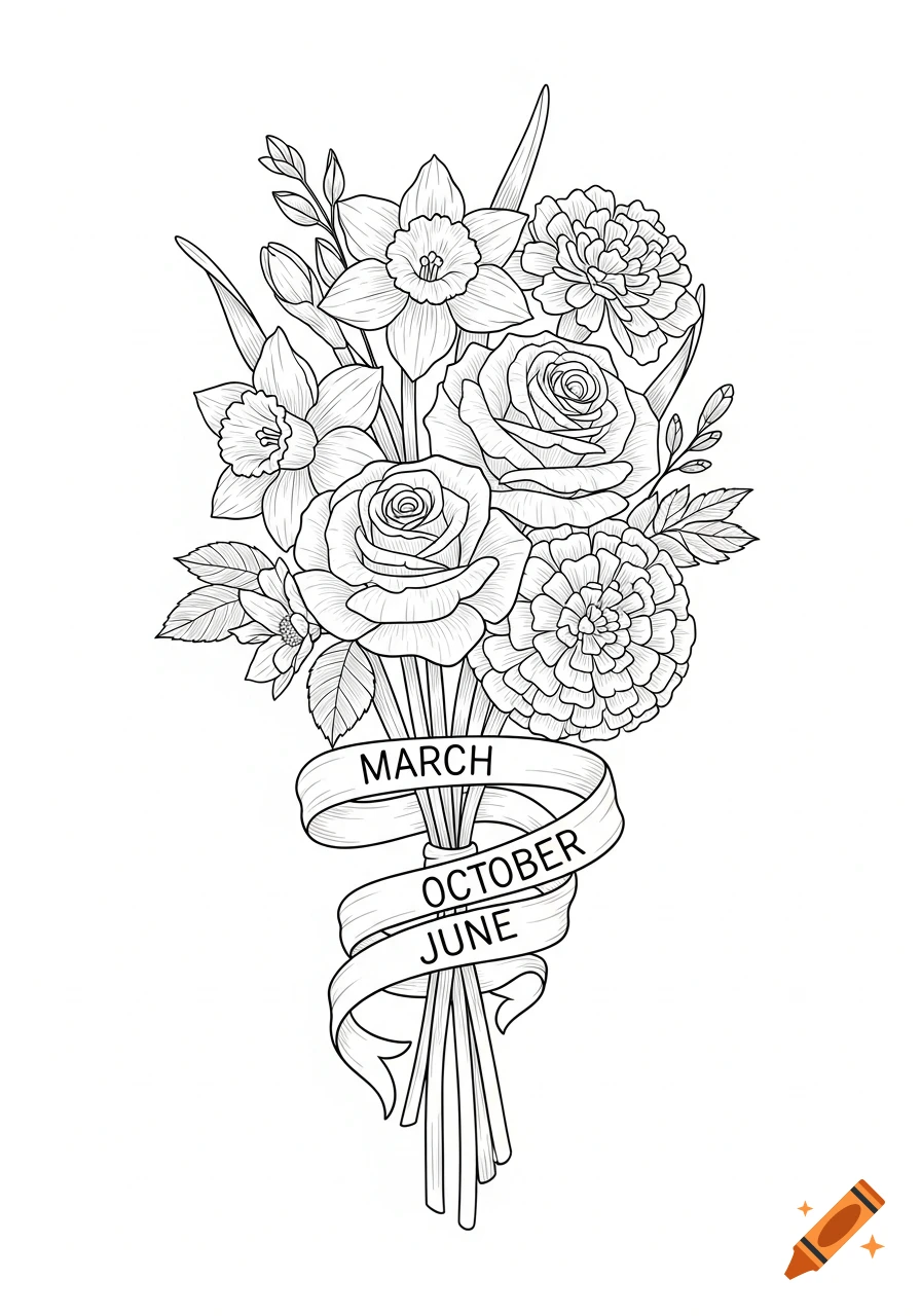 Fineline black and white drawing of a flower bouquet with daffodils, roses, and other blooms, tied with a ribbon labeled "MARCH OCTOBER JUNE".
