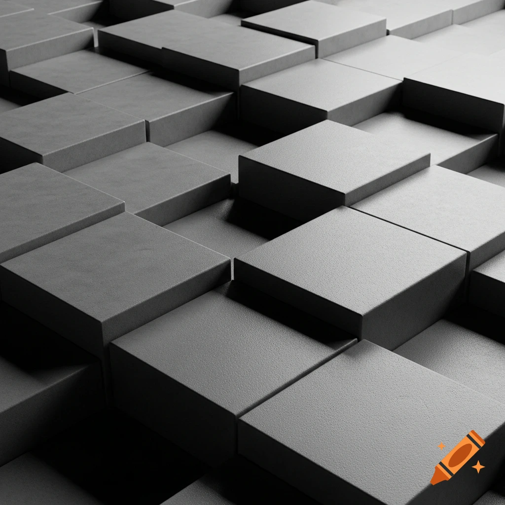 Abstract 3D render of a gray geometric cube pattern with varied relief and shading.