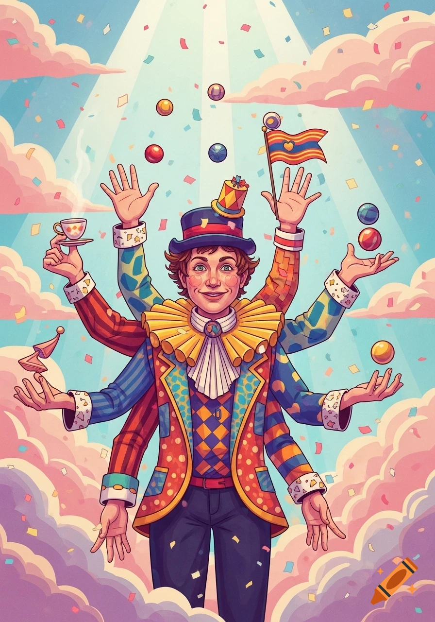 A whimsical, multi-armed person in a colorful clown outfit juggles, holding a teacup and a flag, amidst confetti and clouds.