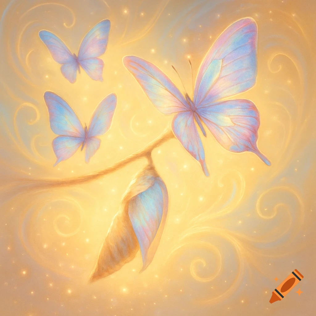 Three glowing pastel butterflies and a chrysalis on a branch, set against a sparkling warm golden background.