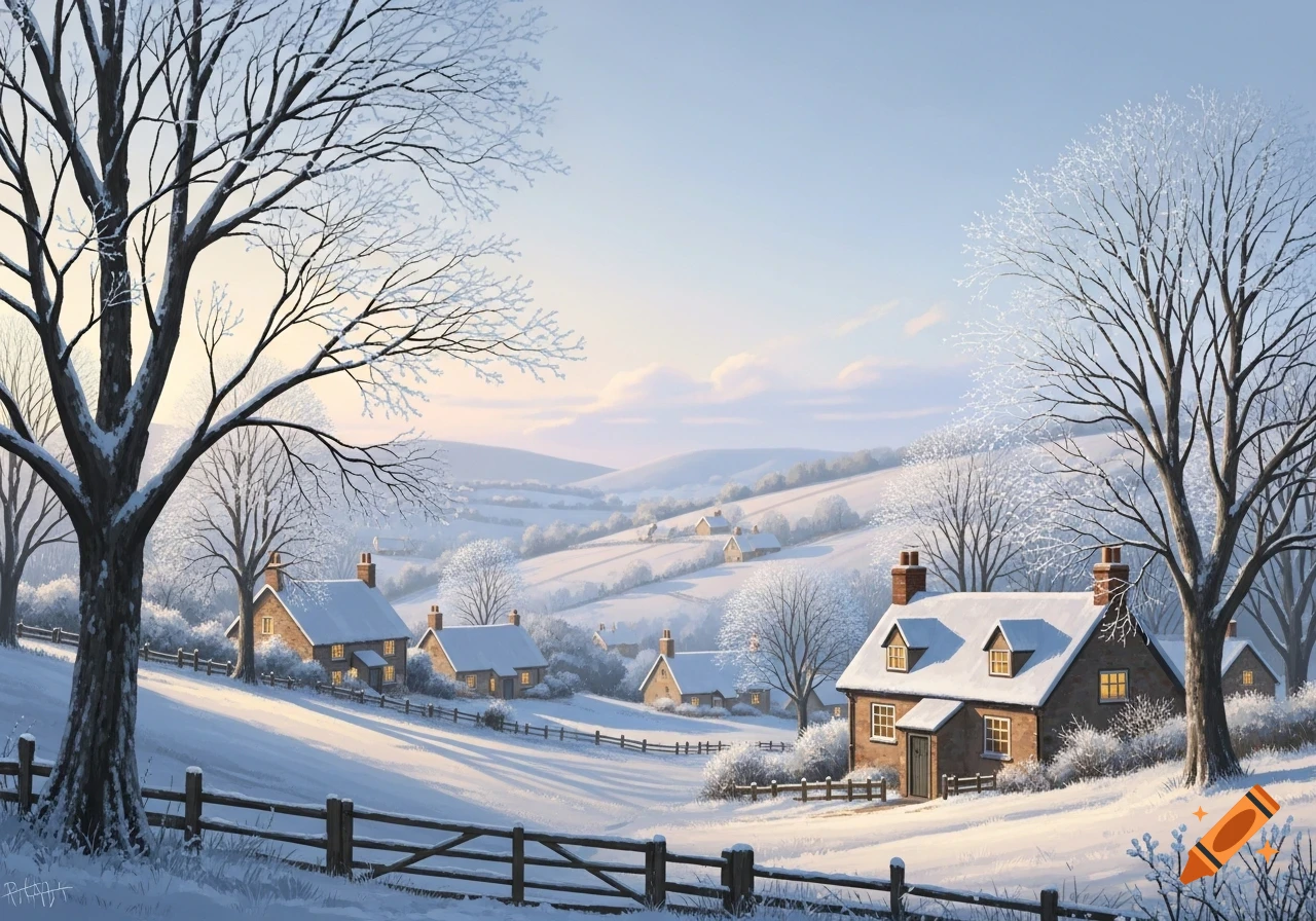 A picturesque snowy village with brown cottages and snow-covered trees in a valley under a soft blue sky.