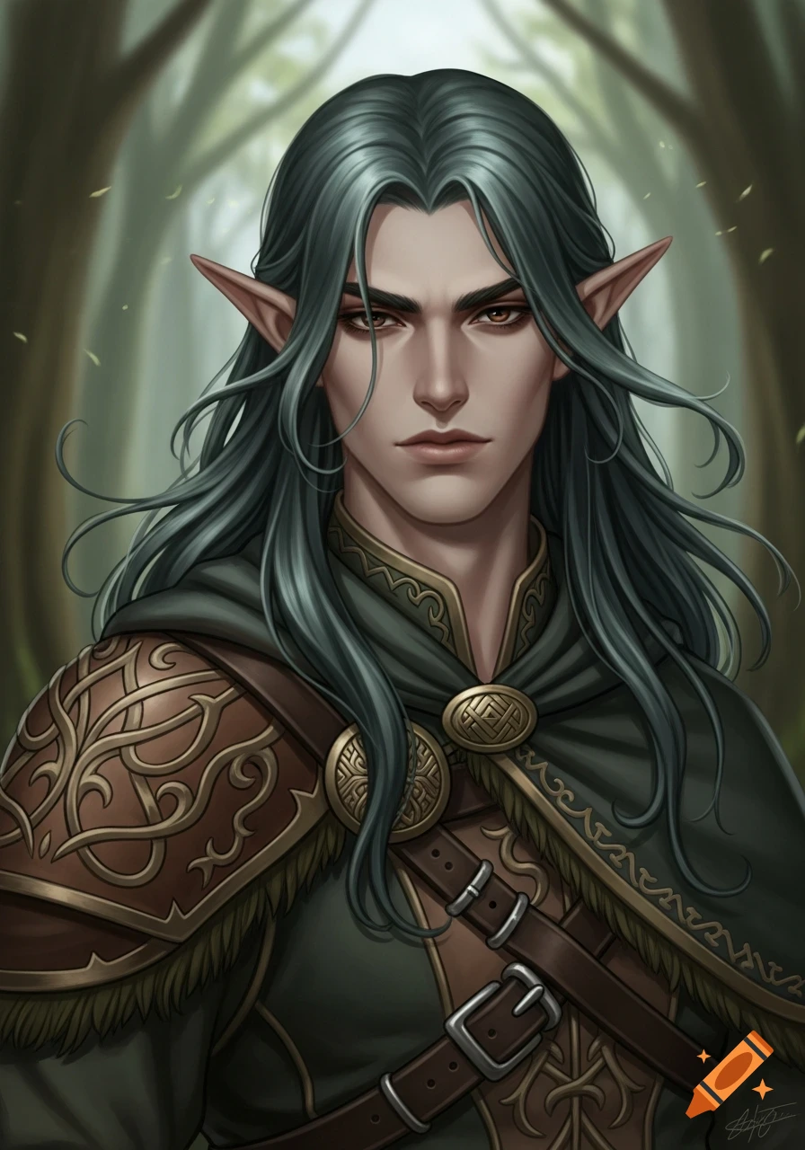 Digital painting of a male elf with long teal hair, brown eyes, pointed ears, wearing ranger armor and a cloak, in a forest.