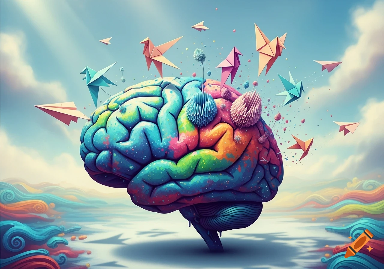 A vibrant, colorful brain covered in paint splashes, with origami birds and paper airplanes flying around it under a cloudy sky.