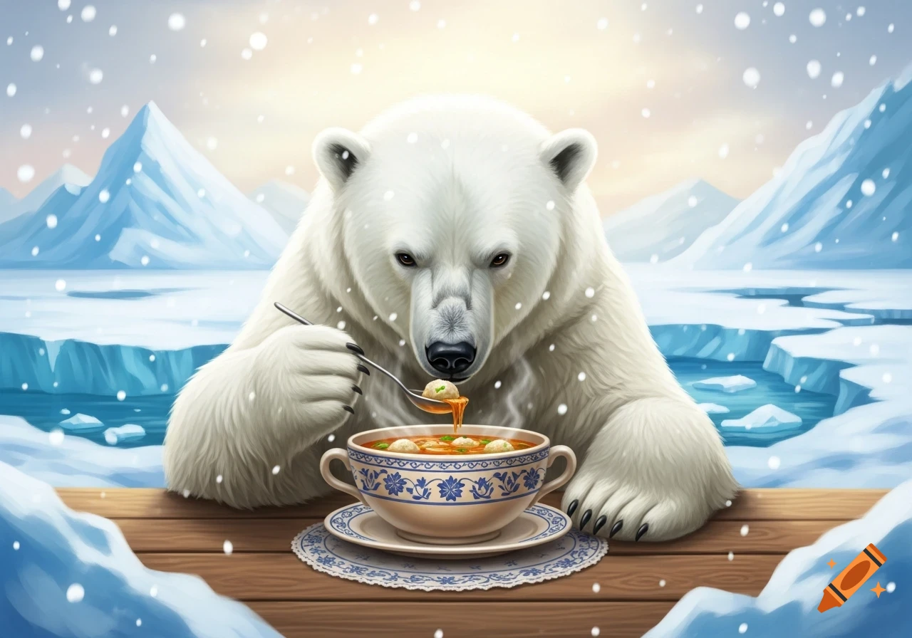 A polar bear sits at a wooden table in a snowy arctic landscape, eating a bowl of hot soup with a spoon.
