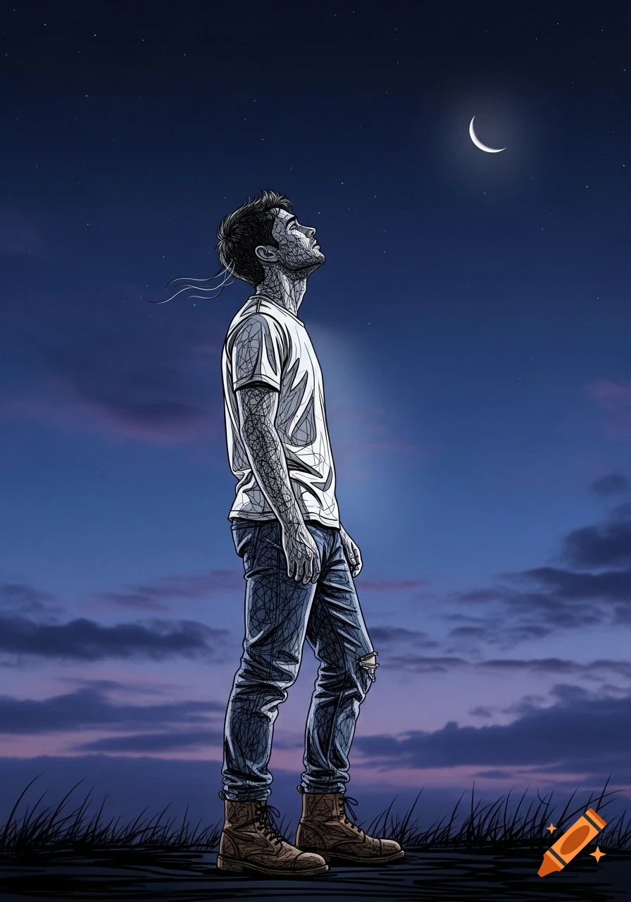Stylized illustration of a man made of lines looking up at a crescent moon in a dark blue night sky with clouds.
