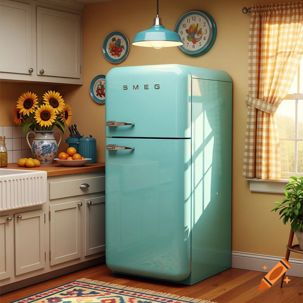 A retro-style kitchen featuring a bright turquoise Smeg refrigerator, a vase of sunflowers, and a window with a checkered curtain.