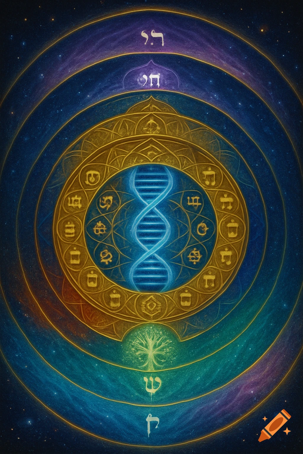A mystical illustration with a glowing blue DNA helix at the center of concentric golden and cosmic rings, featuring symbolic characters and a green tree of life at the bottom.