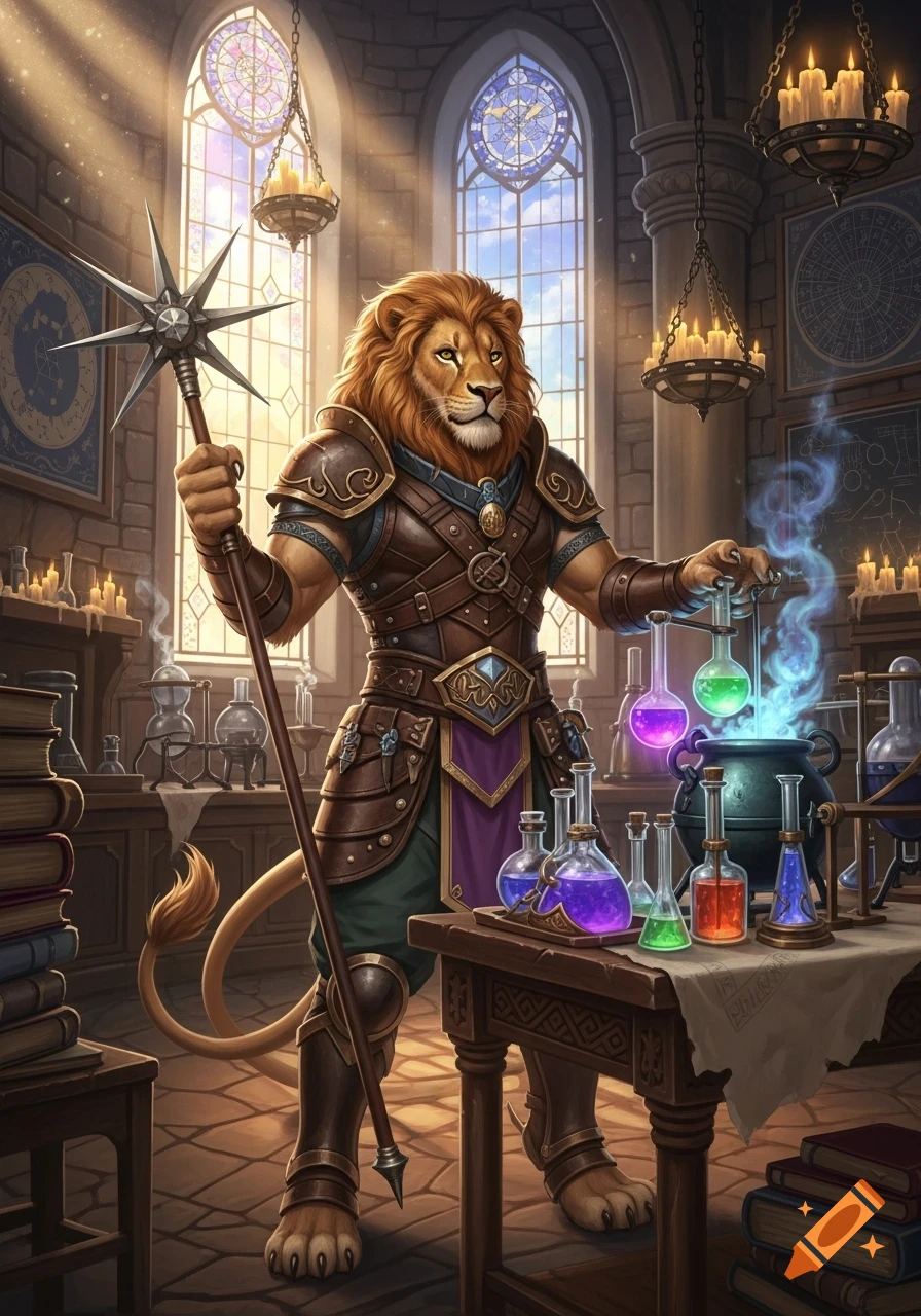 A majestic, armored lion humanoid alchemist in a gothic lab, holding a morning star and mixing glowing potions amidst flasks and candlelight.