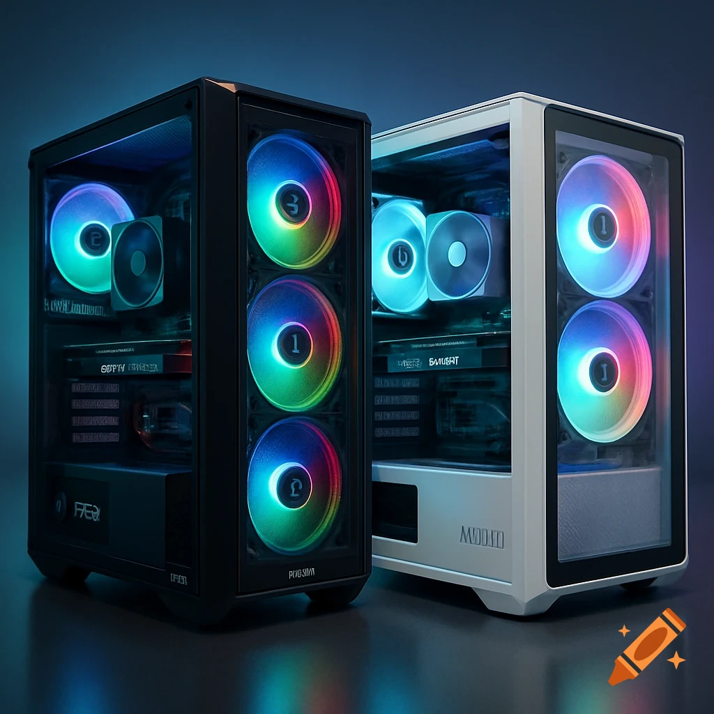 Photorealistic image of two modern desktop PC cases, one black and one white, both featuring multiple colorful RGB fans and internal components glowing.