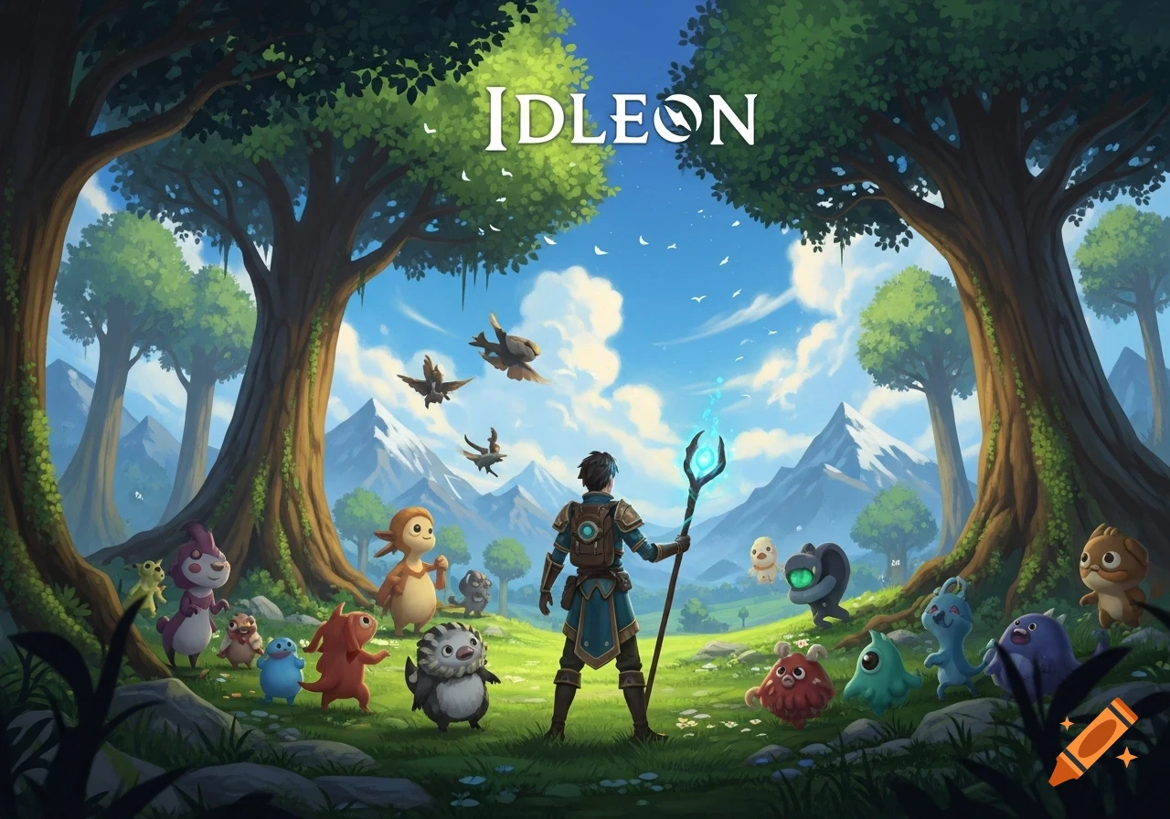 A fantasy hero with a glowing staff stands amidst diverse colorful creatures in a lush forest with mountains, under the IDLEON logo.
