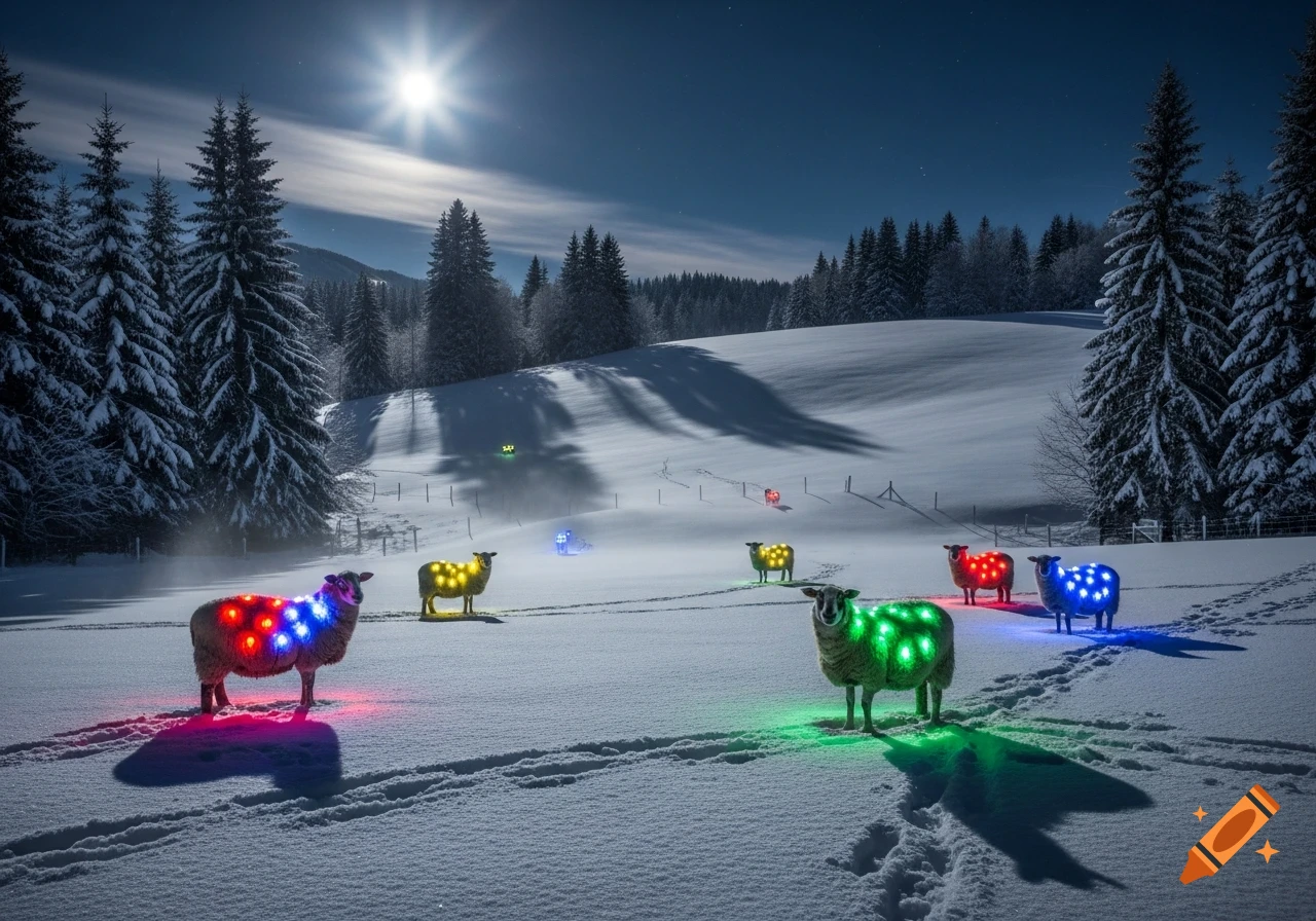 A snowy winter landscape under moonlight with several sheep adorned with brightly colored fairy lights.