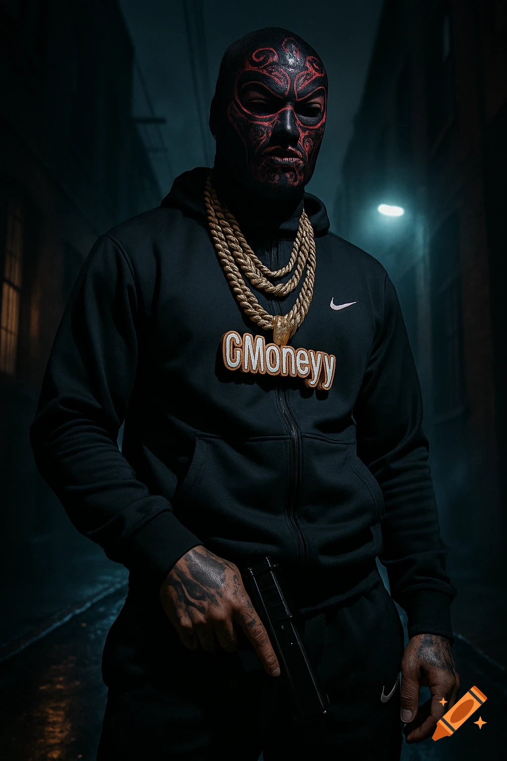 A masked figure with red tribal patterns on their face, wearing a black Nike hoodie and gold chains with a 'GMoneyy' pendant, holds a pistol in a dark urban alley. Photorealistic.
