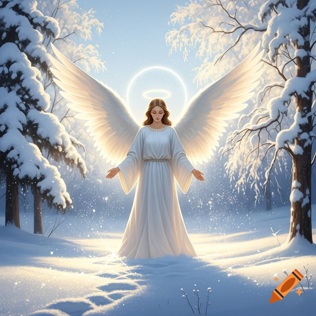 An ethereal angel with large white wings and a glowing halo stands with outstretched arms in a sparkling snowy forest bathed in sunlight.