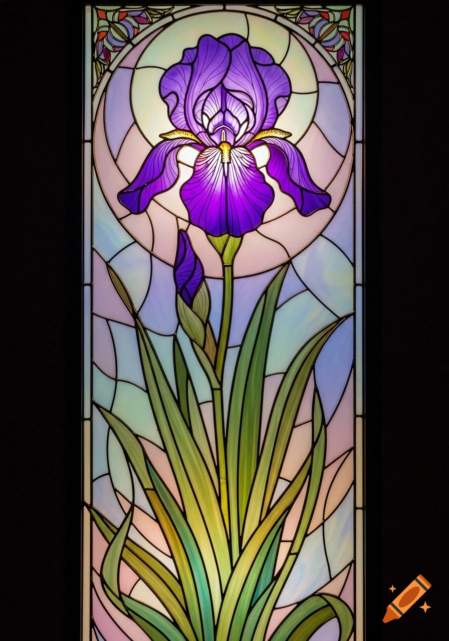 Stained glass panel depicting a vibrant purple iris flower with green leaves in Art Nouveau style.