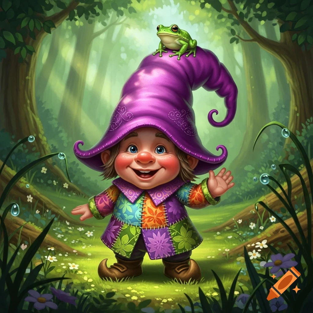 A happy gnome in a colorful patchwork coat and purple hat, with a frog on top, waves in a lush forest of fantasy art.