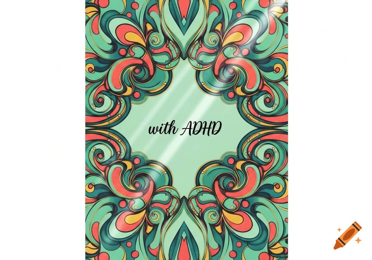 Ornate, symmetrical abstract pattern in green, teal, orange, and gold surrounding a light green center with 'with ADHD' text.