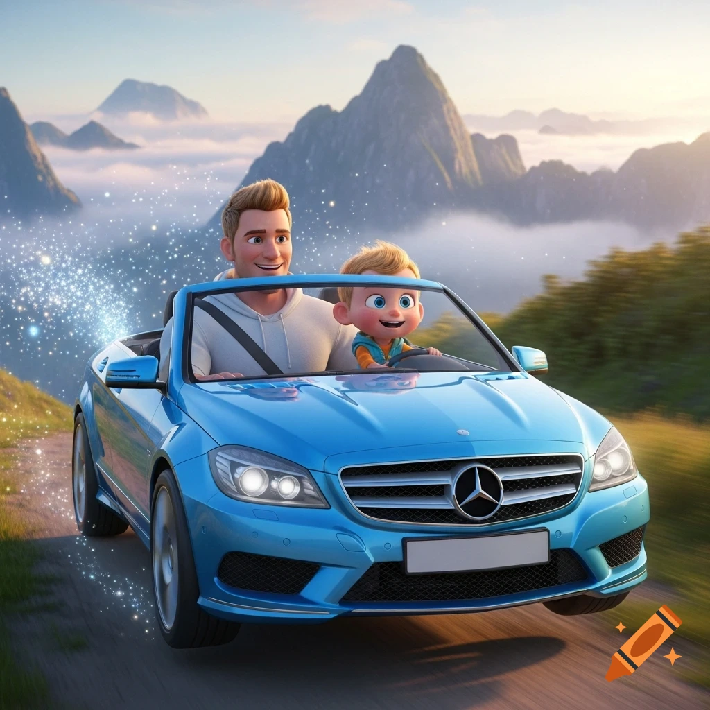 A father and son in a blue Mercedes convertible drive through a magical, mountainous landscape with glitter trails, in 3D Pixar style.