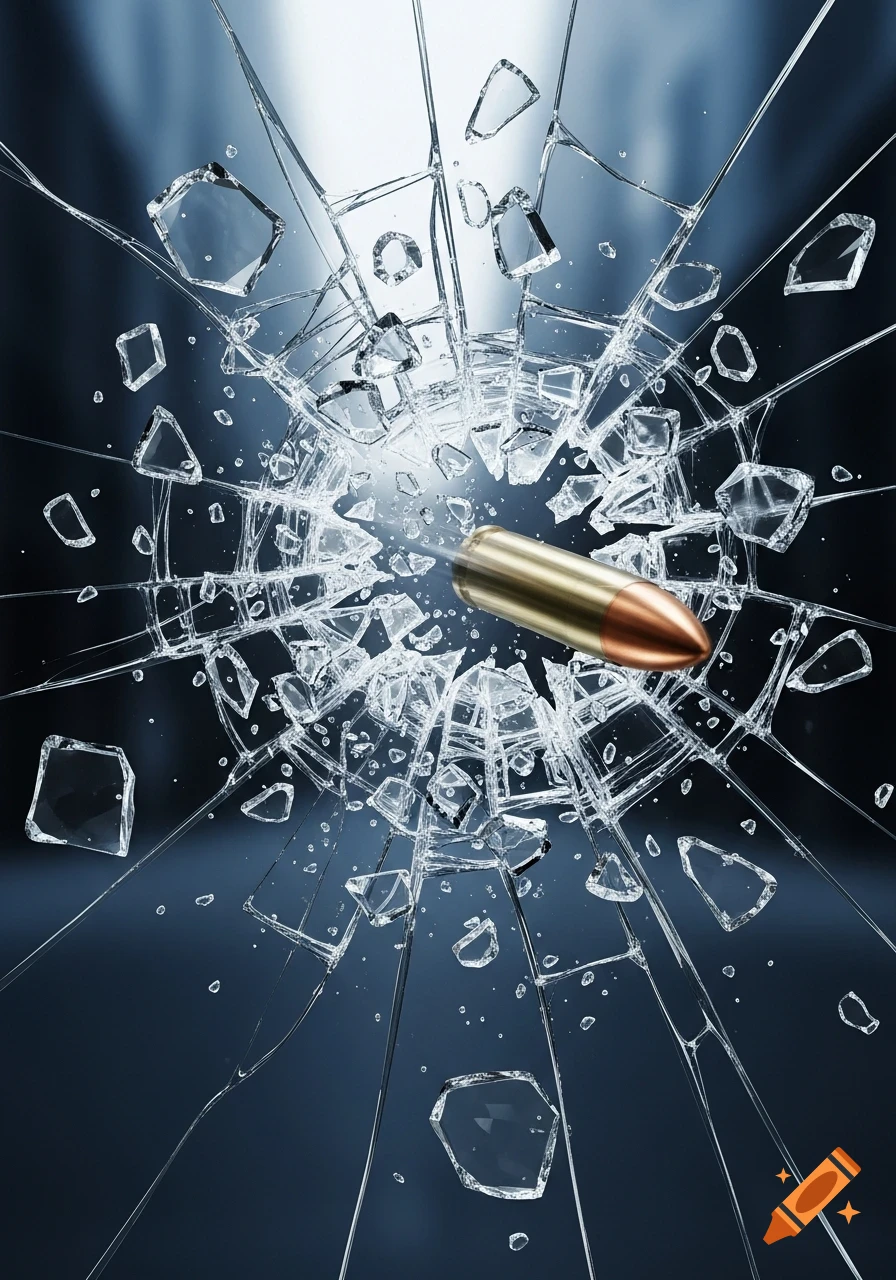 A bullet pierces through glass, creating a radial burst of sharp, flying shards against a dark, reflective background.