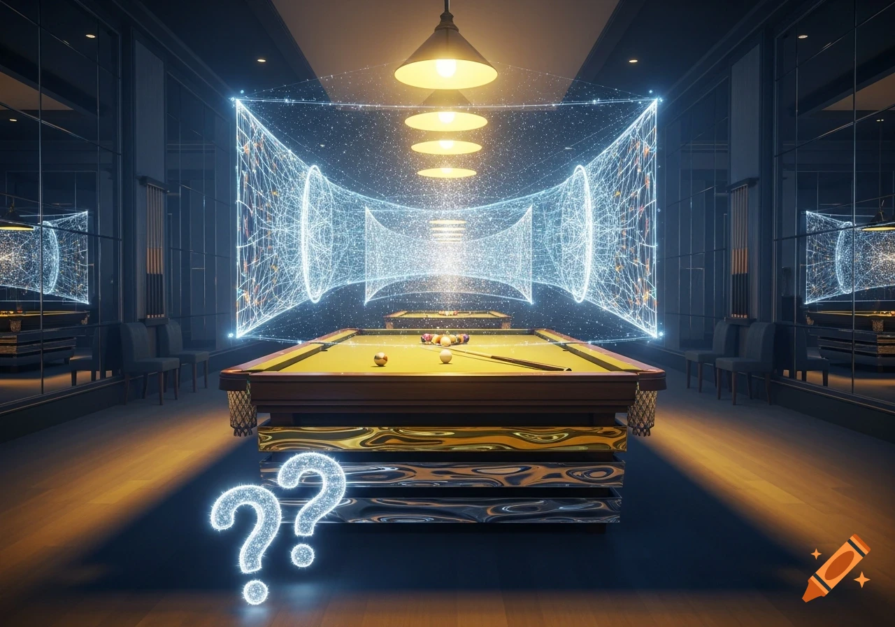 A futuristic pool hall with a billiard table, glowing blue digital networks, and two sparkling question marks on the floor.