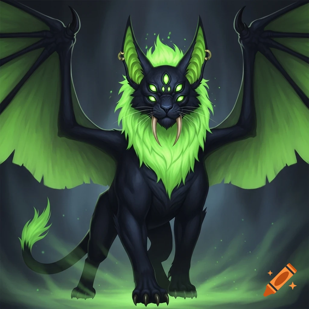 A black cat-like demon with a glowing green mane, large bat wings, six green glowing eyes, and tusks, standing in a dark mystical setting.