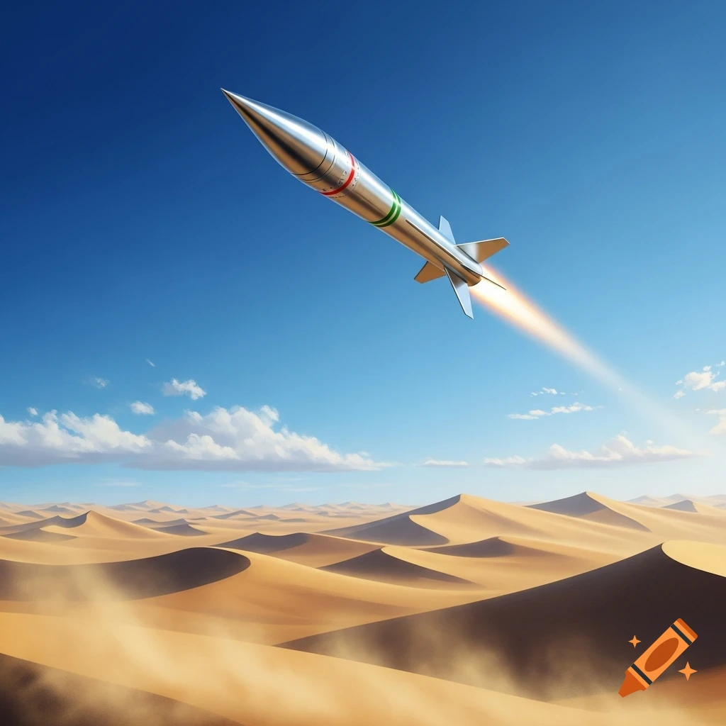 A silver missile with red and green markings launches over a vast golden desert with dunes under a clear blue sky.