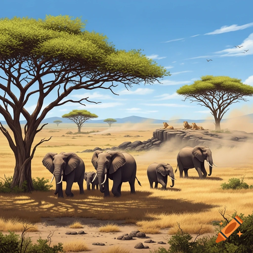 A herd of elephants walks across a golden savanna with acacia trees, while several lions rest on a rocky cliff under a blue sky.