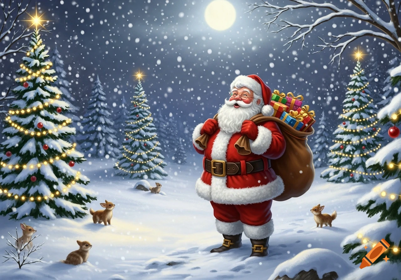 Santa Claus carrying a sack of gifts walks through a snowy forest with illuminated Christmas trees and small deer under a full moon.